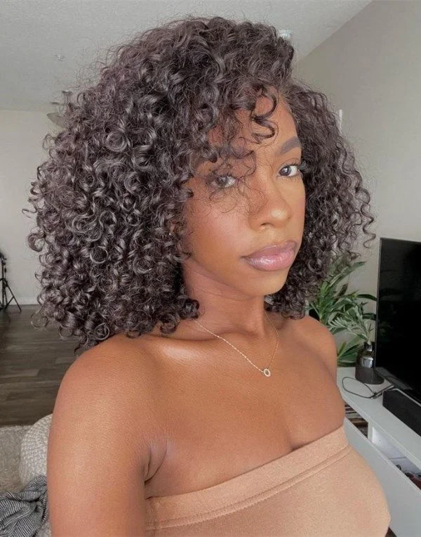 Glueless wig with a 4x4 lace closure for a secure fit12-16 Inch Black Short Curly Bob Glueless Human Hair Lace Wig / Closure Wig - NTX001