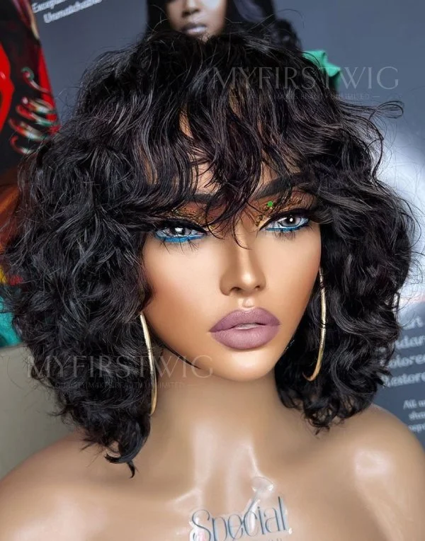 Glueless wig with a pre - bleached knot for a natural - looking scalp12-16 Inch Wavy Bob With Bangs Glueless Human Hair Lace Wig / Closure Wig - SPE068 Glueless wig with a pre - bleached knot for a natural - looking scalp12-16 Inch Wavy Bob With Bangs Glueless Human Hair Lace Wig / Closure Wig - SPE068