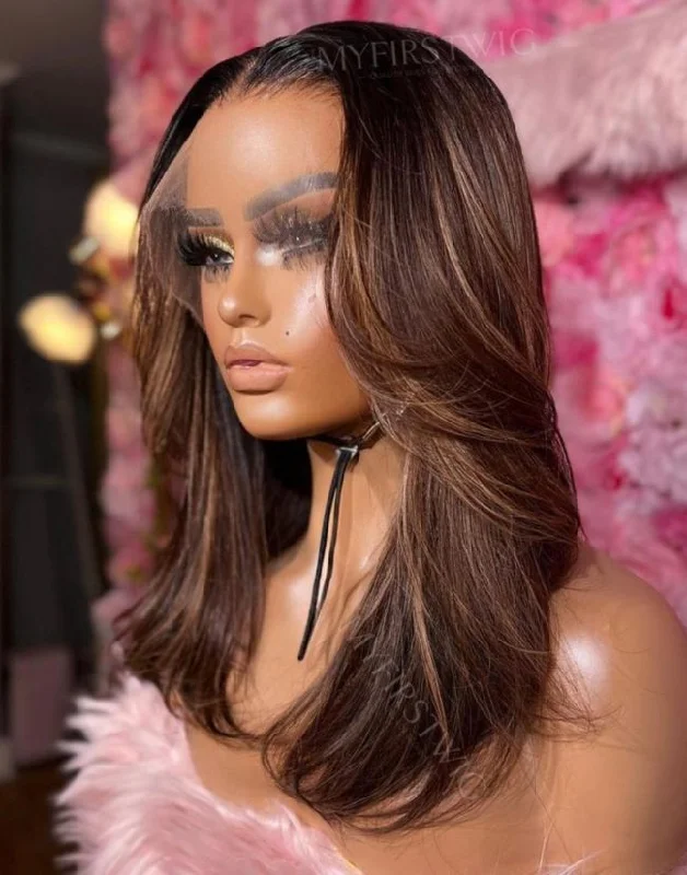 Glueless human - hair wig for a comfortable and natural feel14-16 Inch Ombre Brown With Highlight Glueless Human Hair Lace Wig / Closure Wig - OPH006 Glueless human - hair wig for a comfortable and natural feel14-16 Inch Ombre Brown With Highlight Glueless Human Hair Lace Wig / Closure Wig - OPH006