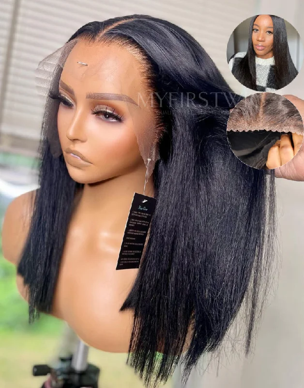 Glueless wig with a pre - plucked hairline for a more natural look14-20 Inch Yaki Straight Glueless Human Hair Lace Wig / Closure Wig - TDC009 Glueless wig with a pre - plucked hairline for a more natural look14-20 Inch Yaki Straight Glueless Human Hair Lace Wig / Closure Wig - TDC009