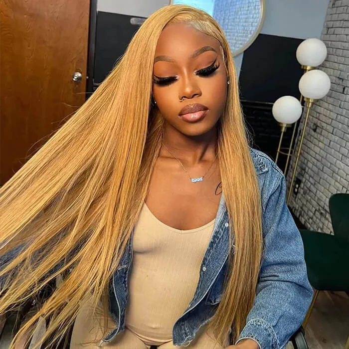 Glueless wig with a pre - bleached knot for a natural - looking scalp#27 Honey Blonde Straight Hair Upgrade 5x5 Pre-Cut HD Lace Ready To Go Glueless Human Hair Wigs Glueless wig with a pre - bleached knot for a natural - looking scalp#27 Honey Blonde Straight Hair Upgrade 5x5 Pre-Cut HD Lace Ready To Go Glueless Human Hair Wigs
