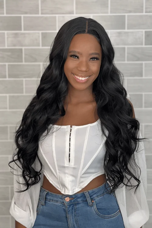 Glueless wig with a curly texture for a bold and stylish choiceLong Body Wave Synthetic hair Lace Front Wig Natural Black Glueless wig with a curly texture for a bold and stylish choiceLong Body Wave Synthetic hair Lace Front Wig Natural Black
