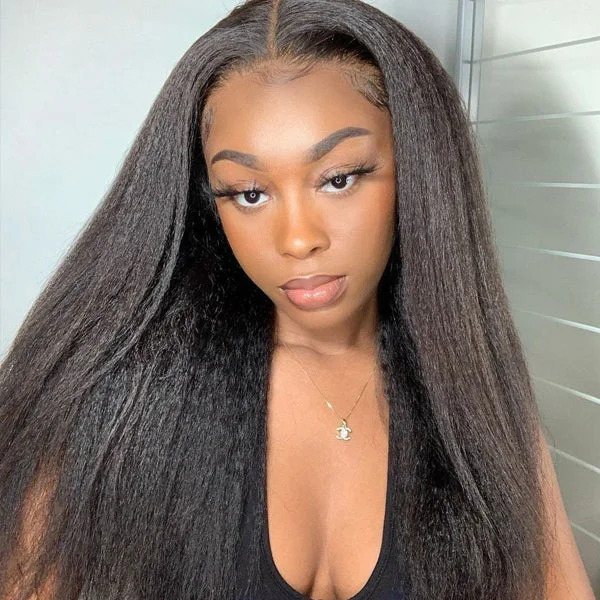 Glueless wig with a natural - looking root for a more realistic lookKinky Straight Wear and Go Glueless Lace Wigs 4x4 HD Pr-Cut Lace Closure Wig Glueless wig with a natural - looking root for a more realistic lookKinky Straight Wear and Go Glueless Lace Wigs 4x4 HD Pr-Cut Lace Closure Wig