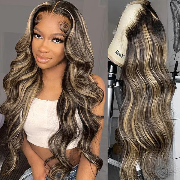 Glueless lace - front wig with a natural - looking hairlineLolly Balayage Honey Blonde Highlight Body Wave 13x6 Glueless HD Lace Front Wigs 1B/27 Colored Human Hair Wigs Glueless lace - front wig with a natural - looking hairlineLolly Balayage Honey Blonde Highlight Body Wave 13x6 Glueless HD Lace Front Wigs 1B/27 Colored Human Hair Wigs
