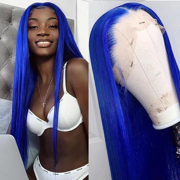 Glueless wig in a chestnut - brown color for a warm and rich appearanceBlue Straight Lace Front Wig Glueless Hd Human Hair Wigs