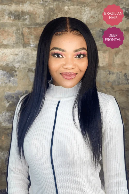 Glueless wig with a 4x4 lace closure for a secure fitBrazilian Hair Straight 24-inch Long Full Frontal Wig Natural Black
