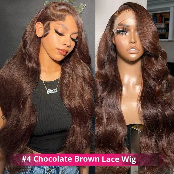 Glueless synthetic wig with a heat - resistant formulaLolly #4 Chocolate Brown Glueless 13x4 HD Lace Front Wigs Pre Plucked Wear & Go Colored Body Wave Human Hair Wigs For Women Glueless synthetic wig with a heat - resistant formulaLolly #4 Chocolate Brown Glueless 13x4 HD Lace Front Wigs Pre Plucked Wear & Go Colored Body Wave Human Hair Wigs For Women