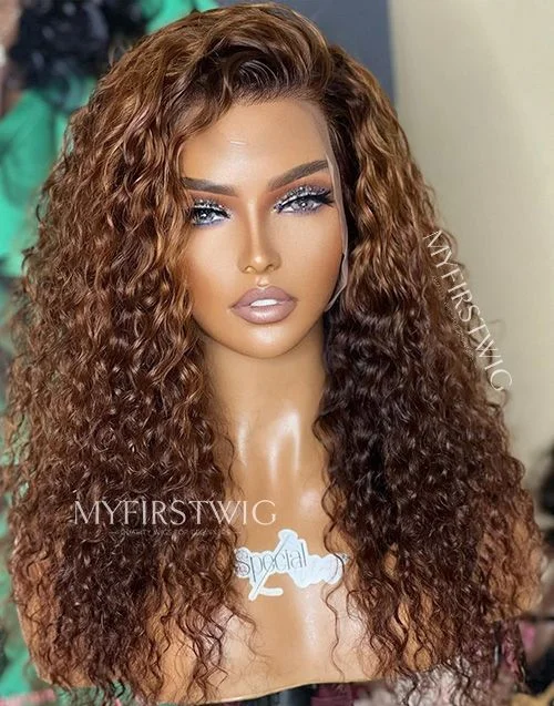 Glueless wig with a pre - bleached knot for a natural - looking scalp16-20 Inch Caramel Brown Curly Glueless Human Hair Lace Wig / Closure Wig - SPE012 Glueless wig with a pre - bleached knot for a natural - looking scalp16-20 Inch Caramel Brown Curly Glueless Human Hair Lace Wig / Closure Wig - SPE012