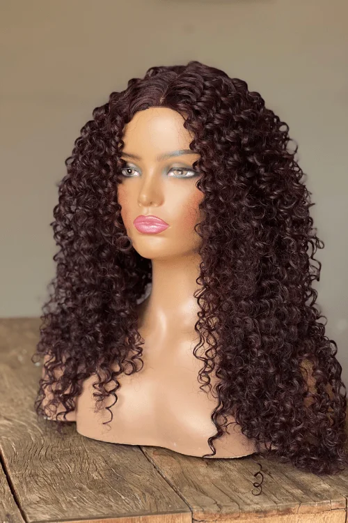 Glueless wig with a pre - plucked hairline for a more natural look26inch Curly Synthetic Hair Wig Burgundy Colour Glueless wig with a pre - plucked hairline for a more natural look26inch Curly Synthetic Hair Wig Burgundy Colour