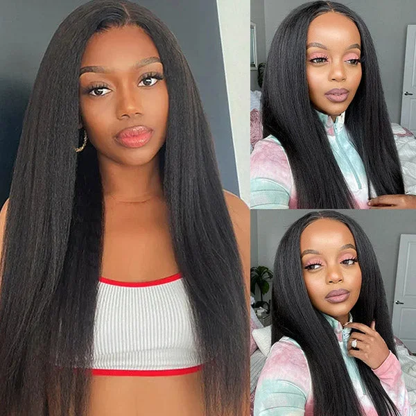 Glueless wig with a honey - blonde color for a warm and sunny appearanceGlueless Wigs Kinky Straight 4x4 HD Lace Closure Wig Pre Cut Lace With Elastic Band