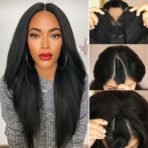 Glueless wig with a natural - looking root for a more realistic lookKinky Straight V Part Wig Human Hair Glueless Wig Beginner Friendly To Put On And Take Off Glueless wig with a natural - looking root for a more realistic lookKinky Straight V Part Wig Human Hair Glueless Wig Beginner Friendly To Put On And Take Off