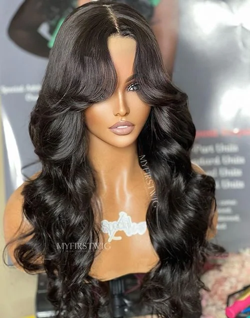 Glueless wig with a pre - plucked hairline for a more natural look16-20 Inch Loose Wave with Curtain Bangs Glueless Human Hair Lace Wig / Closure Wig - SPE003 Glueless wig with a pre - plucked hairline for a more natural look16-20 Inch Loose Wave with Curtain Bangs Glueless Human Hair Lace Wig / Closure Wig - SPE003