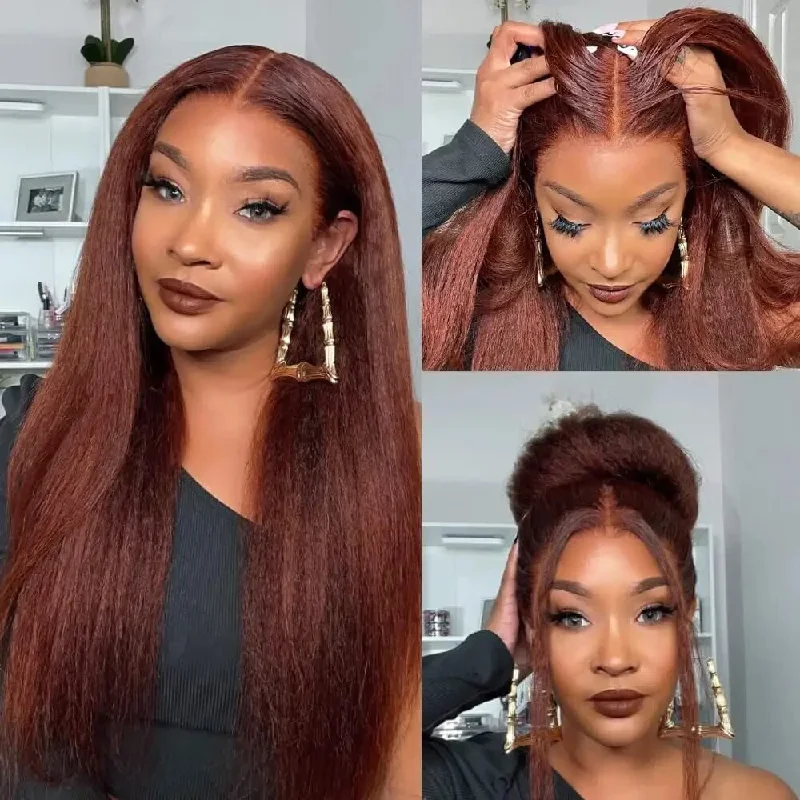 Glueless wig with a 180 - density for a full and thick appearanceLumiere Hair Color #33 Reddish Brown Kinky Straight Pre-cut lace Glueless Wig 4x4 & 5x5 lace Wig For Black Women Glueless wig with a 180 - density for a full and thick appearanceLumiere Hair Color #33 Reddish Brown Kinky Straight Pre-cut lace Glueless Wig 4x4 & 5x5 lace Wig For Black Women