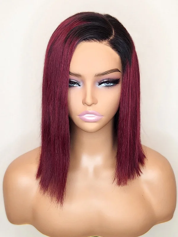 Glueless wig with a silk - base cap for a comfortable and smooth feelOmbre Ruby Red 5x5 HD Pre-Cut Lace Glueless Bob Style Wig 10-12" Glueless wig with a silk - base cap for a comfortable and smooth feelOmbre Ruby Red 5x5 HD Pre-Cut Lace Glueless Bob Style Wig 10-12"