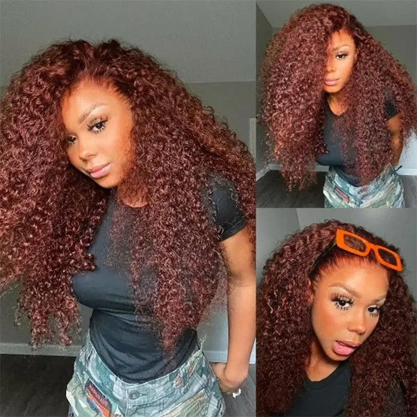 Glueless wig with a side - part for a more flattering lookReddish Brown #33 Colored Curly Human Hair Wigs Glueless 13x4 HD Transparent Lace Frontal Wig Pre Plucked Wig Styles 2023 Glueless wig with a side - part for a more flattering lookReddish Brown #33 Colored Curly Human Hair Wigs Glueless 13x4 HD Transparent Lace Frontal Wig Pre Plucked Wig Styles 2023