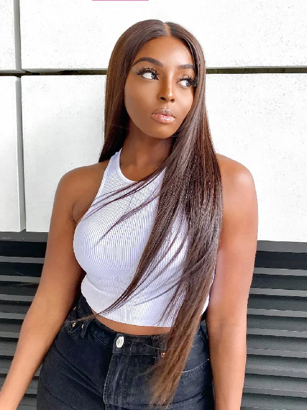 Glueless synthetic wig with a heat - resistant formula180% Density Silky Straight Glueless Wig Small Knots 5x5 Swiss HD Pre-Cut Lace Espresso Deep Brown Glueless synthetic wig with a heat - resistant formula180% Density Silky Straight Glueless Wig Small Knots 5x5 Swiss HD Pre-Cut Lace Espresso Deep Brown