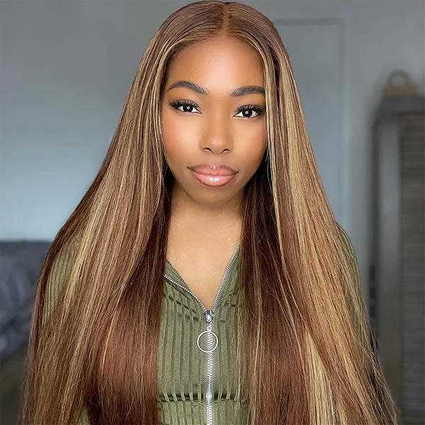 Glueless wig with a wispy fringe for a soft and feminine lookStraight HD Lace Closure Wig P4/27 Highlight Wigs Human Hair Glueless Wig Pre cut Wear & Go Wigs Glueless wig with a wispy fringe for a soft and feminine lookStraight HD Lace Closure Wig P4/27 Highlight Wigs Human Hair Glueless Wig Pre cut Wear & Go Wigs